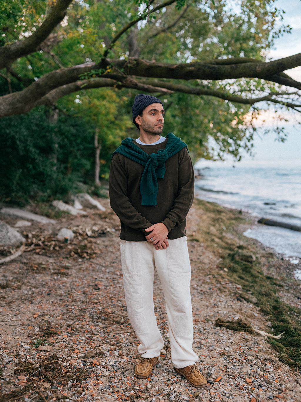 Cotton Knit Fisherman's Sweater in Pine Needle with Double Front Sweatpants in Natural, Fall 2026 lifestyle