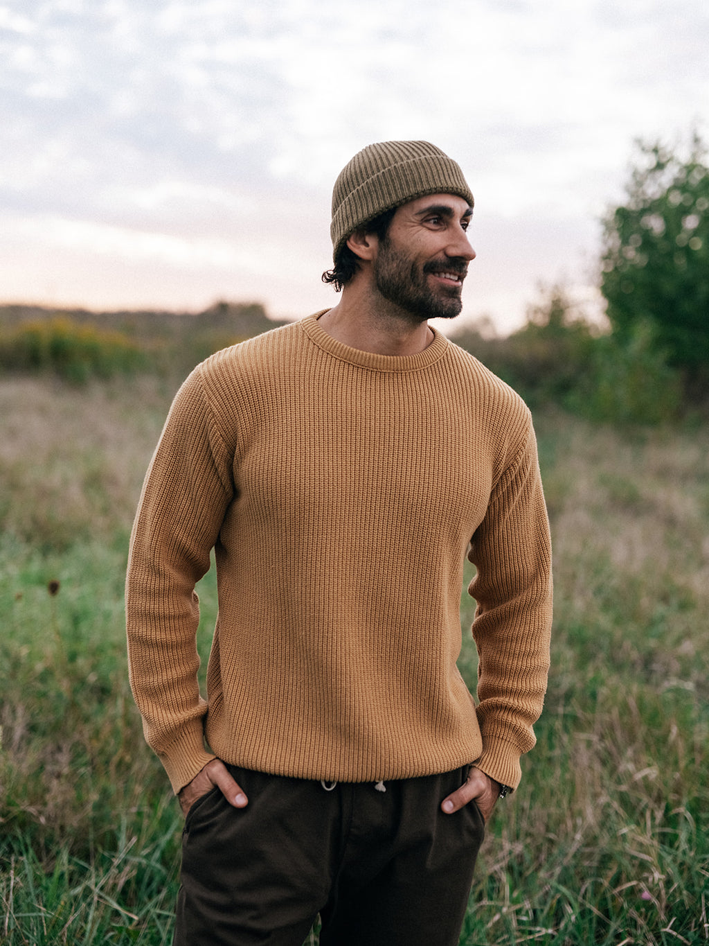 Cotton Knit Fisherman's Sweater in Dijon with Cotton Cuff Beanie in British Khaki, Fall 2026 lifestyle