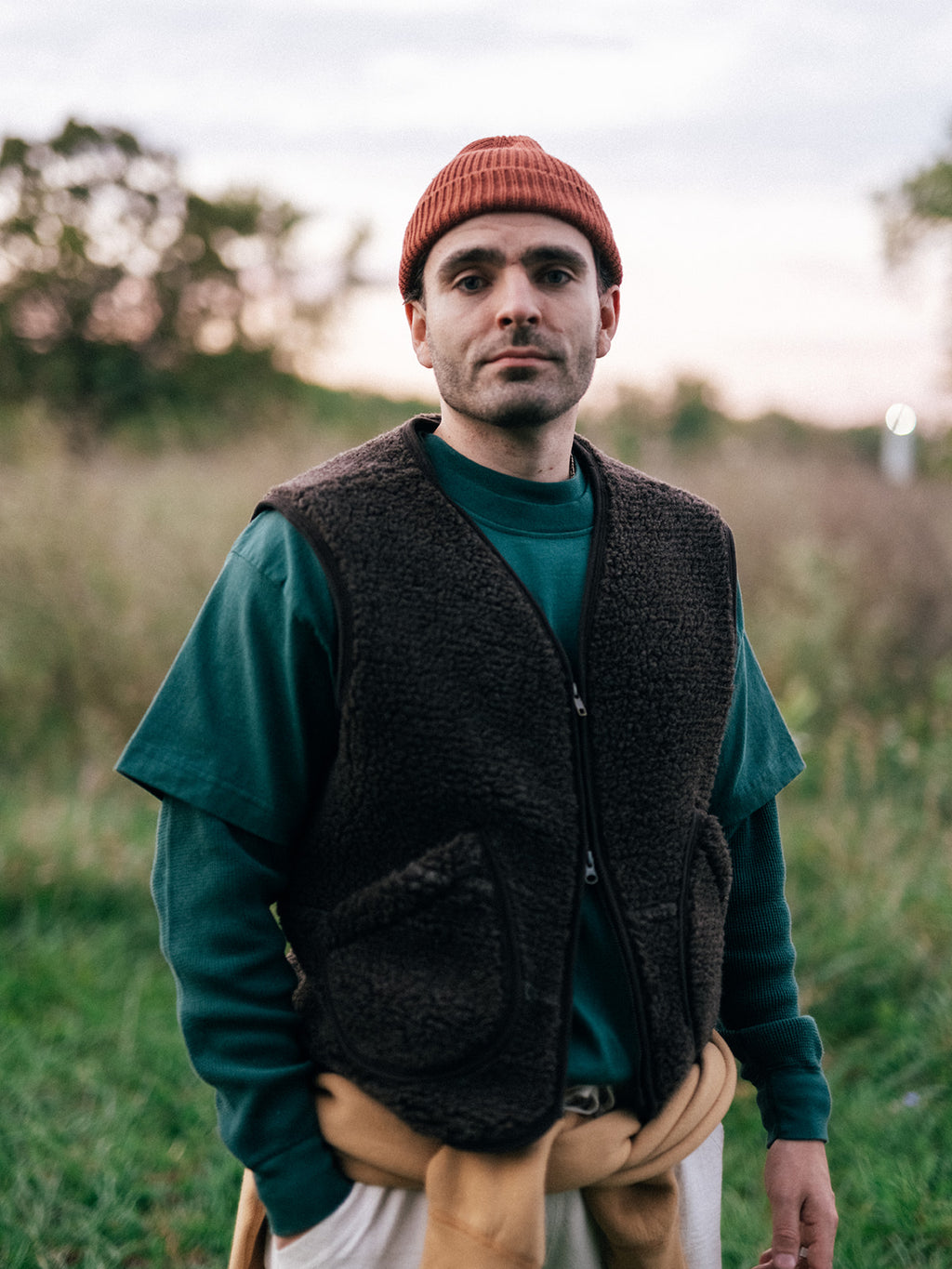Heavyweight Tee over Classic Thermal in Pine Needle with Cotton Cuff Beanie in Cayenne, Fall 2026 lifestyle