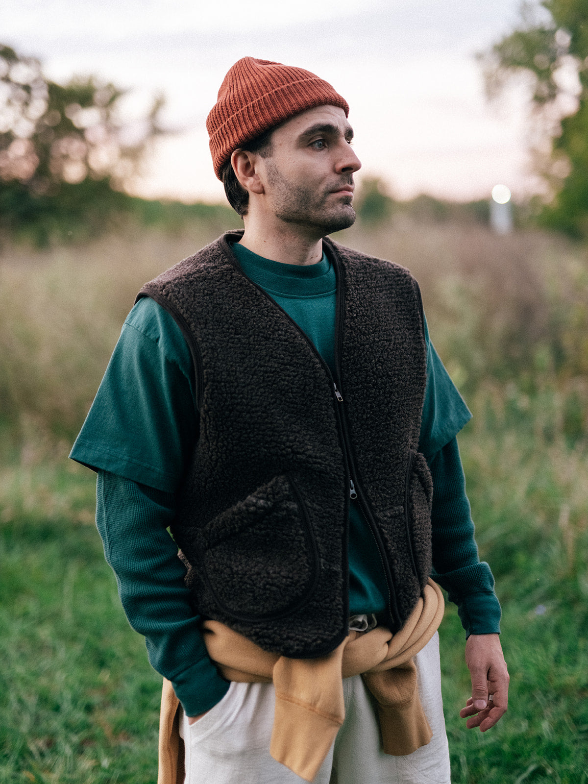 Heavyweight Tee over Classic Thermal in Pine Needle with Cotton Cuff Beanie in Cayenne, Fall 2026 lifestyle