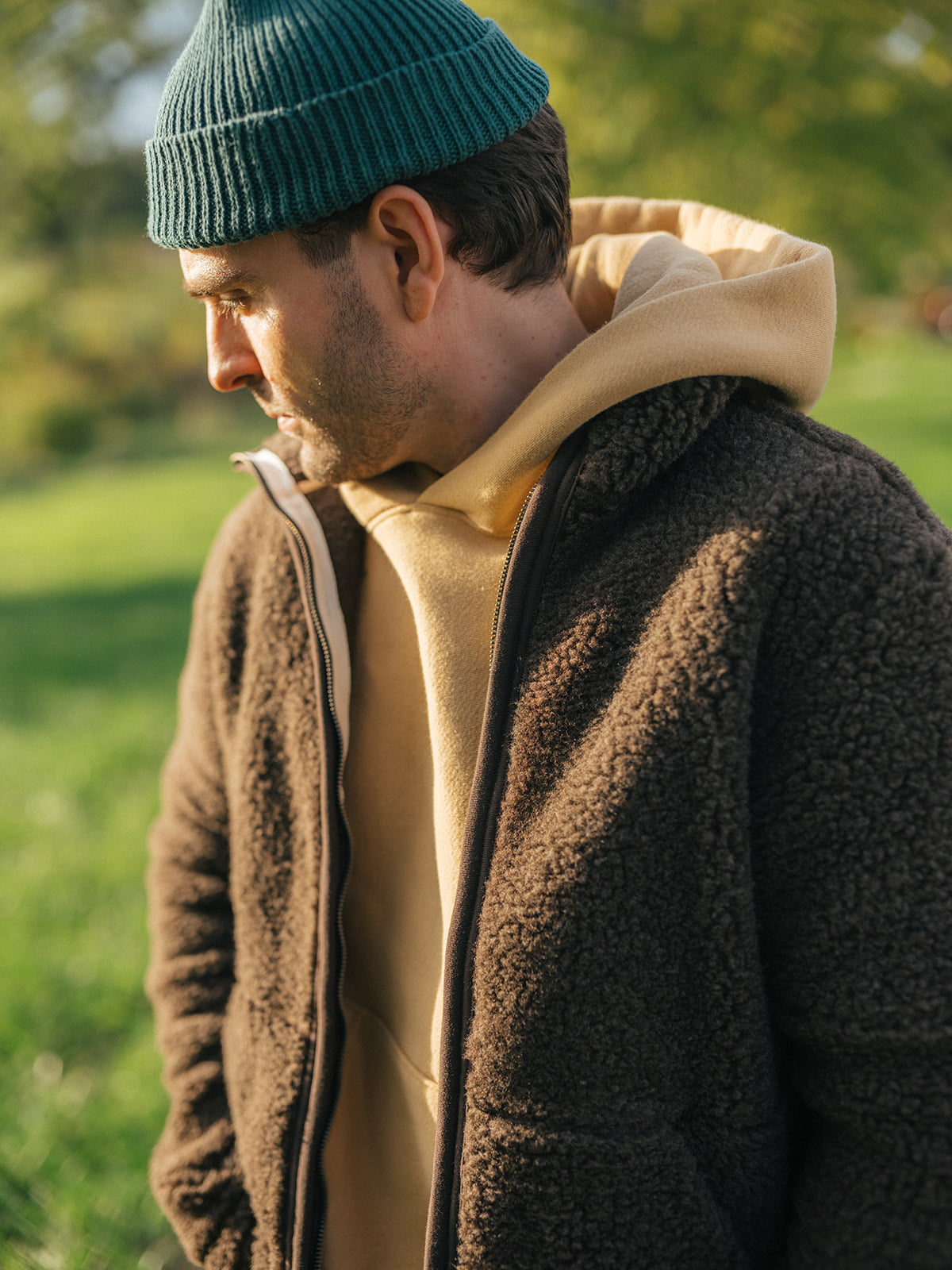Classic Hoodie in Dijon with Cotton Cuff Beanie in Pine Needle, Fall 2026 lifestyle