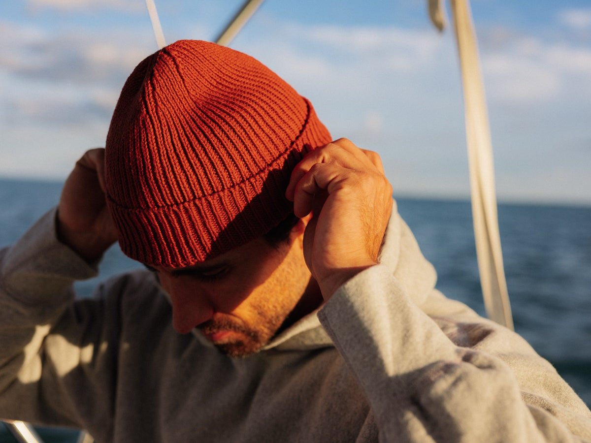 Cotton Cuff Beanie in Cayenne, Fall 2026 lifestyle