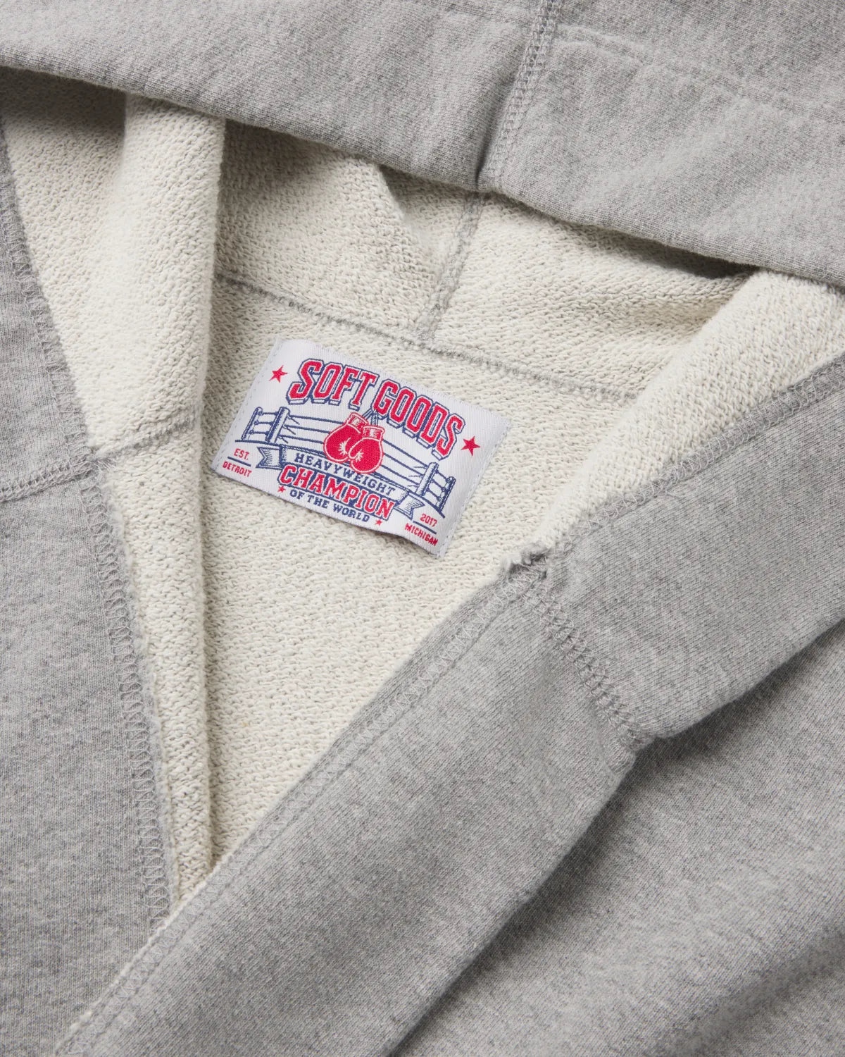 French Terry Hooded Robe, Heavyweight Champion label detail