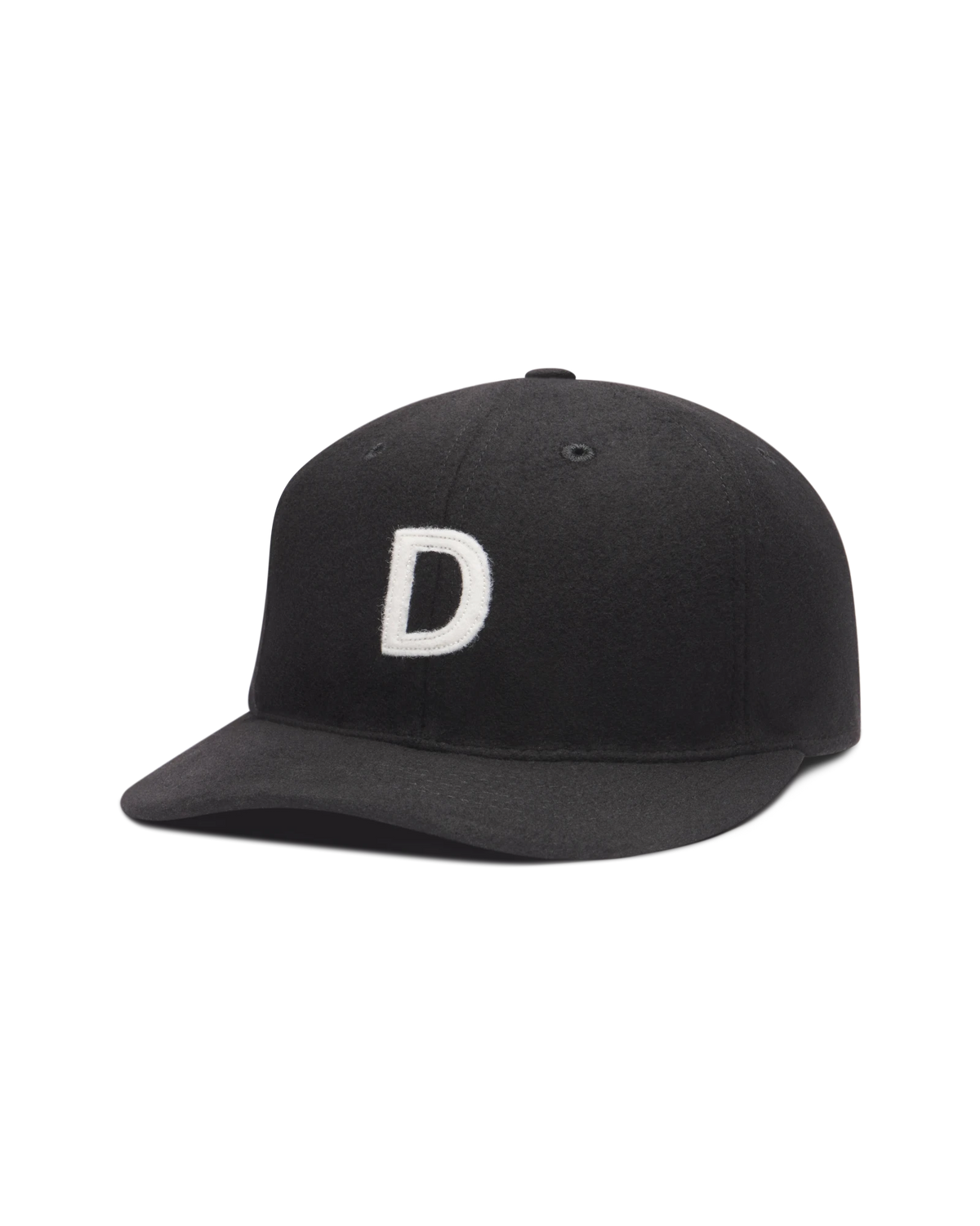 Wool Flatbill Soft Goods Detroit Hat in Black, front view with white felt D