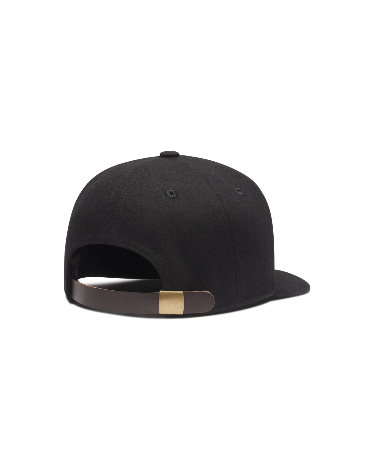 Wool Flatbill Soft Goods Detroit Hat in Black, back view with leather strap
