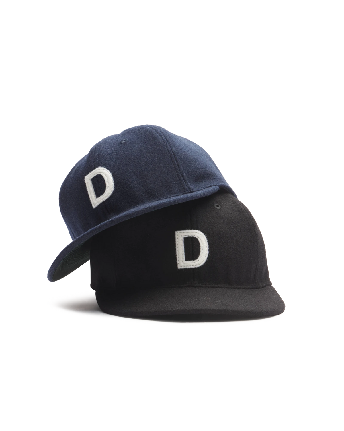 Wool Flatbill Soft Goods Detroit Hat in Black stacked with the Navy colorway